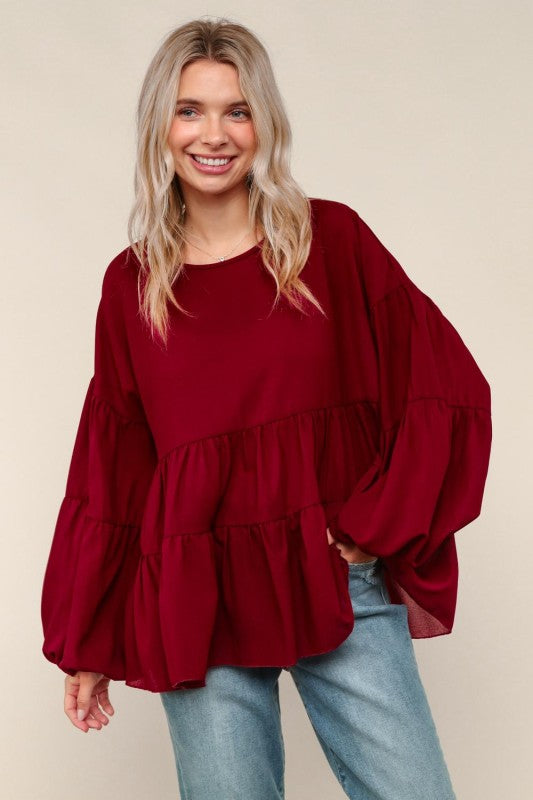Haptics Wine Babydoll Oversized Blouse