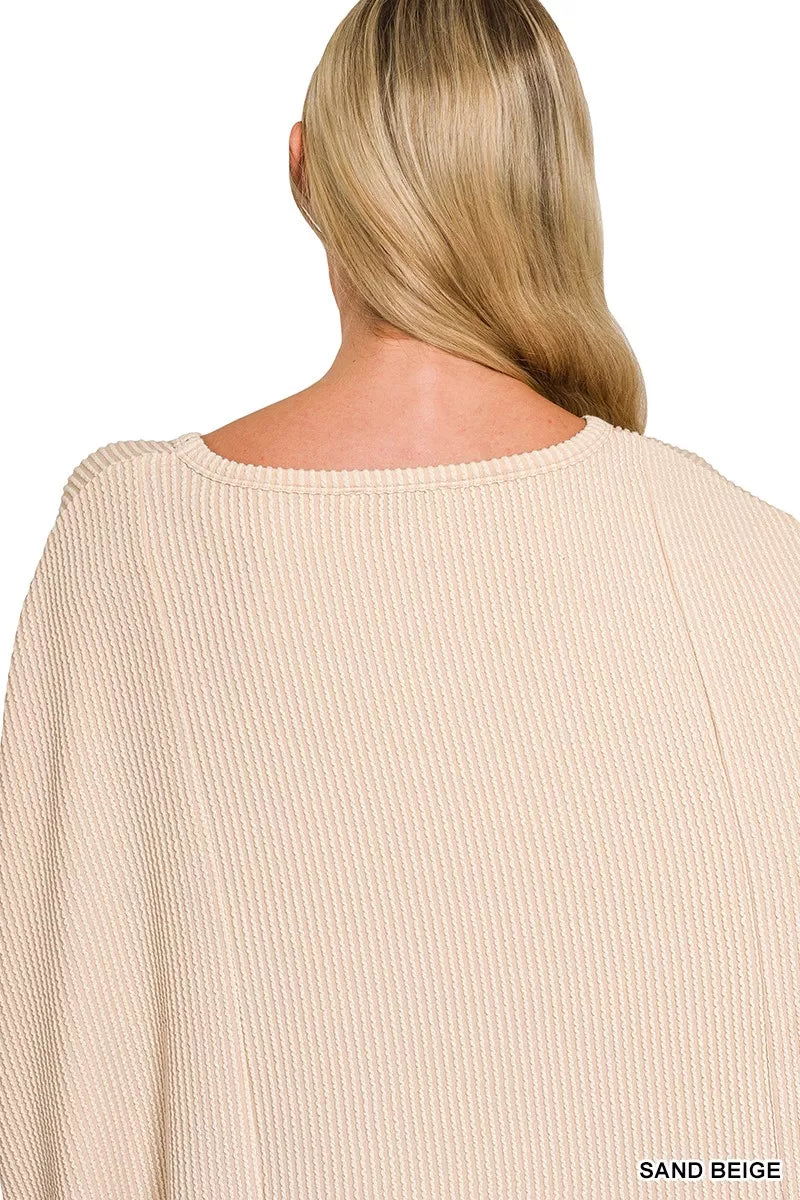 Zenana Sand Beige Raised Rib Bat Sleeve Top