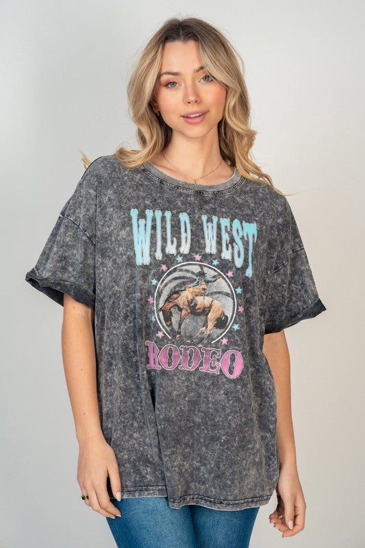 White Birch Mineral Washed Wild West Crew Neck Screen Print Tee in Ash Ave Shops