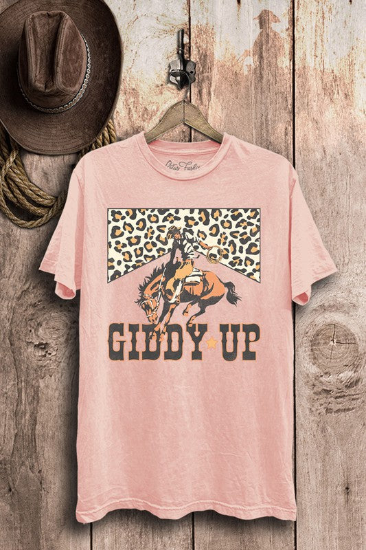 Lotus Fashion Collection Giddy Up Mineral Washed Graphic Top in White or Pink Lotus Fashion Collection