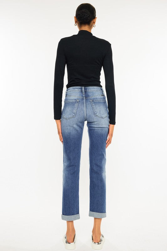 KanCan Medium Wash High Rise Hem Detail Slim Straight Jeans Kan Can USA
