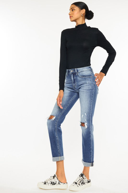 KanCan Medium Wash High Rise Hem Detail Slim Straight Jeans Kan Can USA