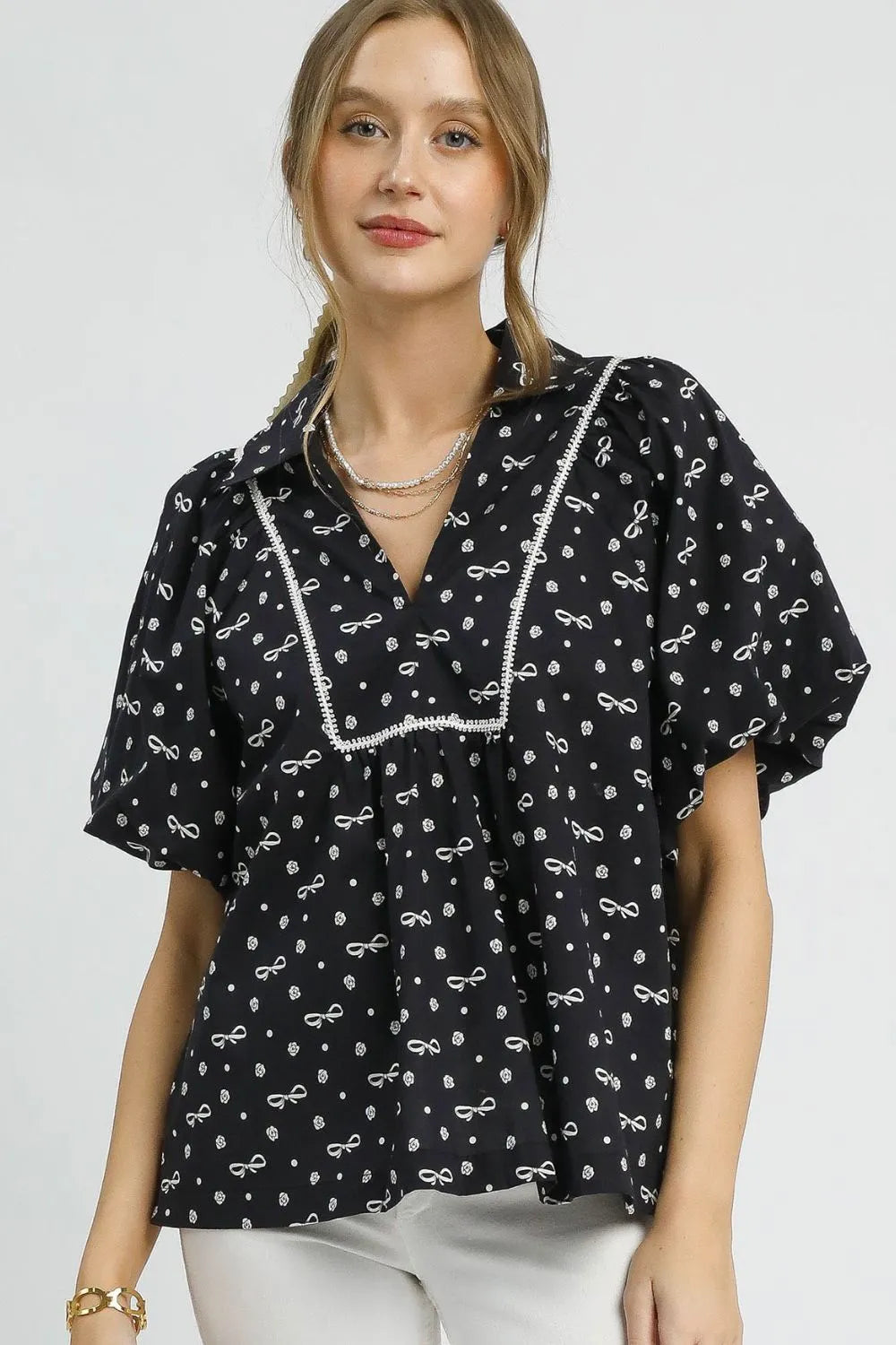 Umgee Black Bow Puff Sleeve Babydoll Blouse Black