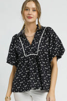 Umgee Black Bow Puff Sleeve Babydoll Blouse Black