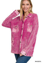 Zenana Cotton Waffle Acid Wash Shacket MAGENTA