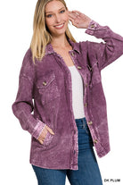 Zenana Cotton Waffle Acid Wash Shacket DK PLUM