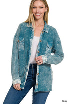 Zenana Cotton Waffle Acid Wash Shacket TEAL