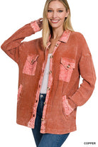 Zenana Cotton Waffle Acid Wash Shacket COPPER ZENANA