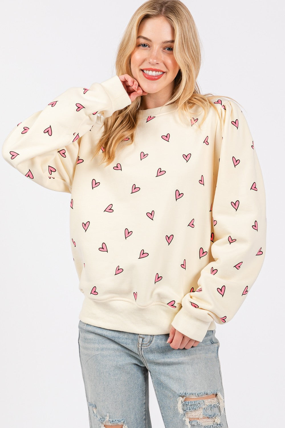 SAGE + FIG Cream Heart Printed Contrast Long Sleeve Sweatshirt