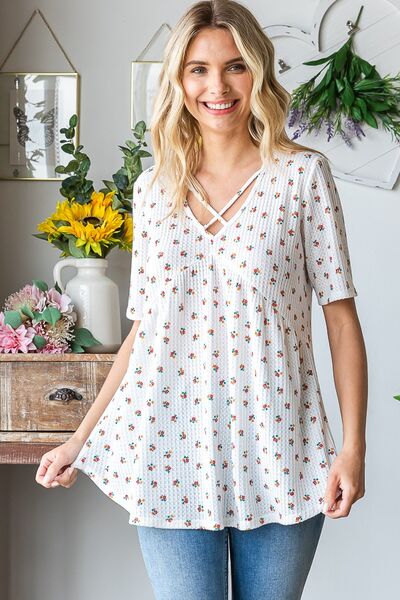 Heimish Crisscross Ditsy Floral Babydoll Top