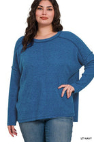 Zenana Navy Exposed Seam Brushed Ribbed Round Neck Sweater Shirts & Tops