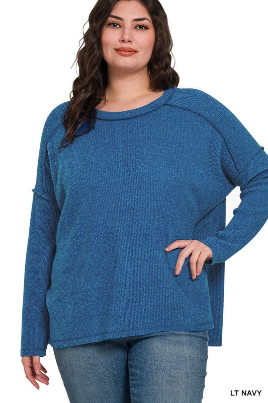 Zenana Navy Exposed Seam Brushed Ribbed Round Neck Sweater Shirts & Tops