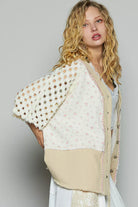 POL Button Down V-Neck Jacket with Printed Woven Patchwork
