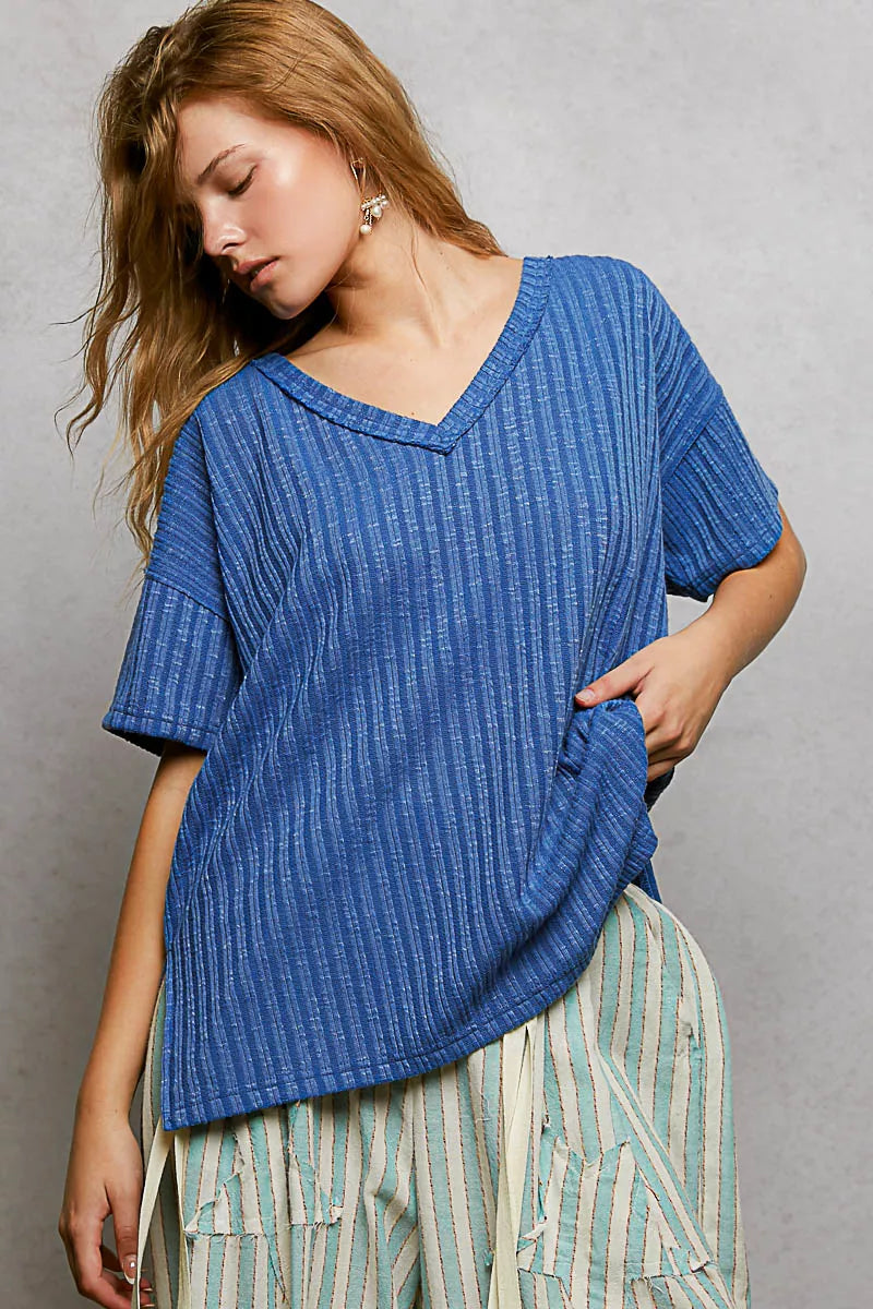 POL Cobalt Blue Ribbed Knit V-Neck Short Sleeve T-Shirt with Side Slit