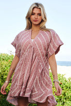Davi & Dani Embroidery V Neck Short Sleeve Ruffled French Mauve Mini Dress FRENCH MAUVE