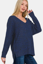 Zenana Dark Navy High-Low Center Seam V-Neck Sweater Shirts & Tops