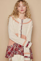 POL Coconut Multi Round Neck Half Button Color Block Top with Merrow Edge Detail