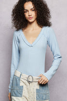 POL Powder Blue V-Neck Long Sleeve Ribbed Top with Lace-Accent Neckband