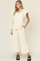 Double Take Quilted Textured Ruffle Short Sleeve Top and Drawstring Wide Leg Pants Set Cream Trendsi