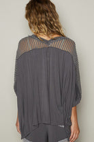 POL Dark Gray Oversize V-Neck Crochet Lace Contrast Studded Top