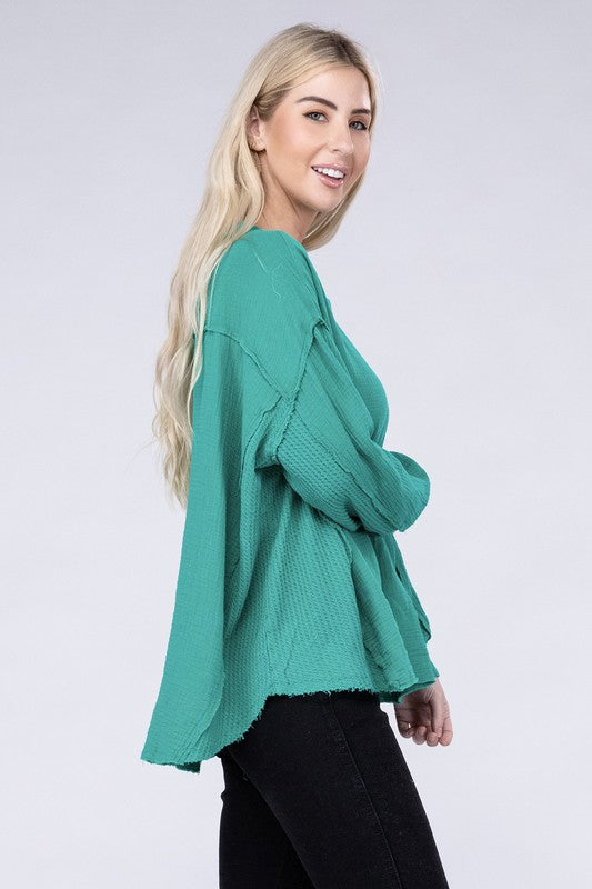 Zenana Double Gauze Oversized 3/4 Button Henley Neck Top