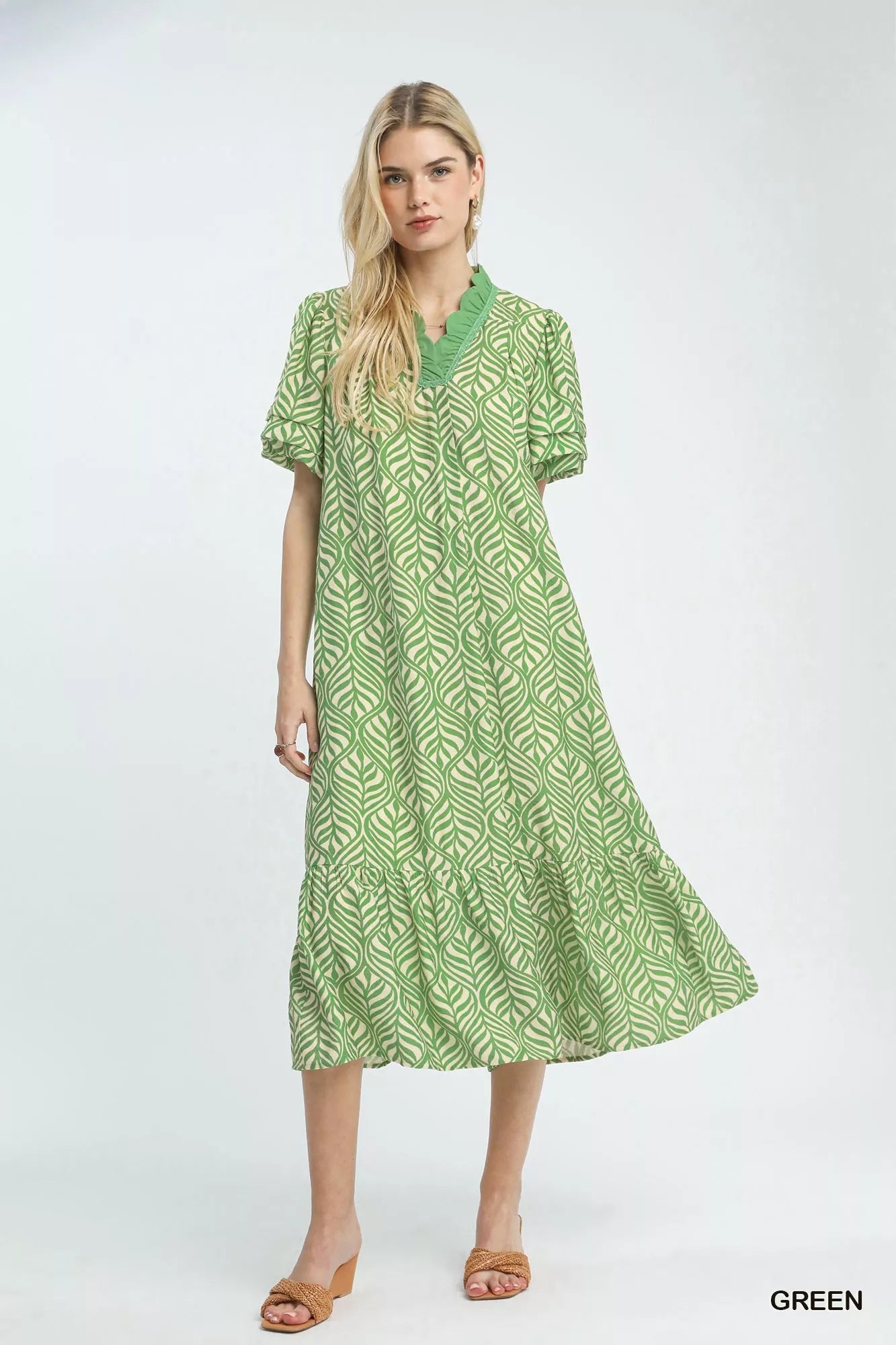 Umgee Green Leaf Print Ruffle Neck Midi Dress