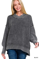 Zenana Black Washed Side Slit Oversized Sweater BLACK