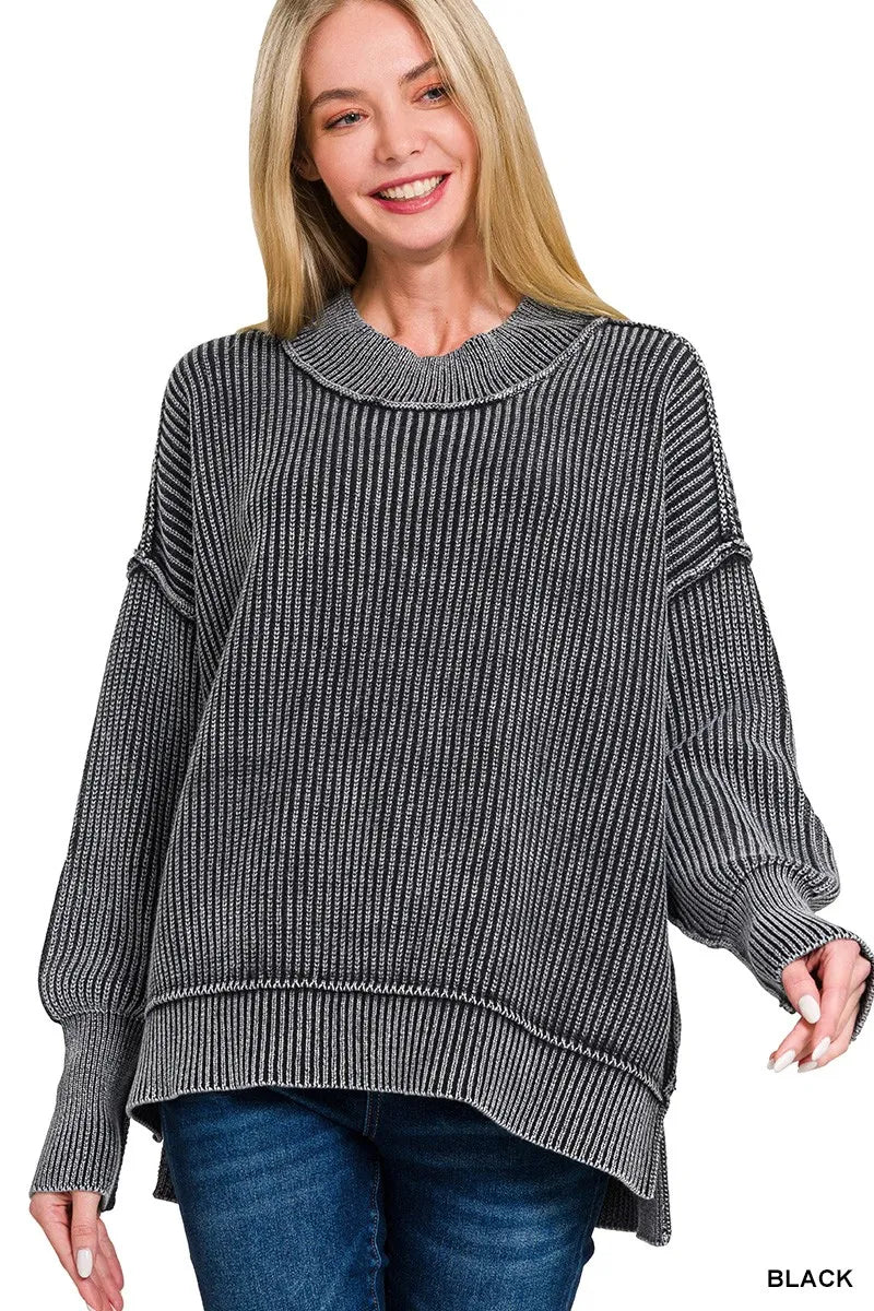 Zenana Black Washed Side Slit Oversized Sweater BLACK