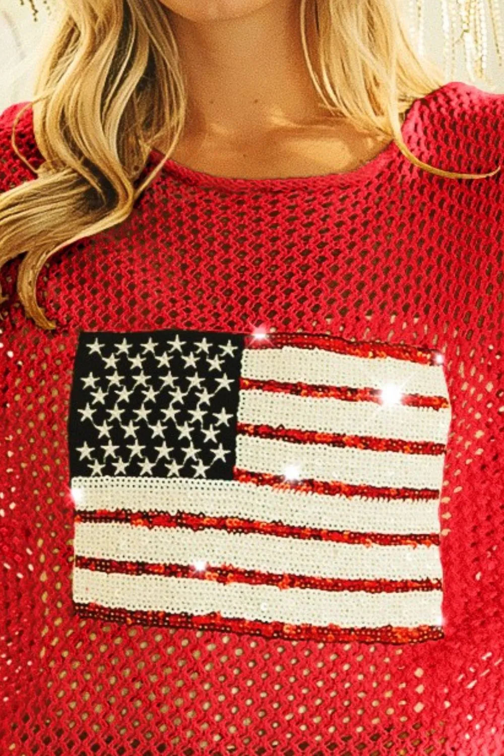 BiBi Red Sequin American Flag Patch Open Knit Cover Up
