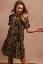 BiBi Tie Back Leopard Round Neck Short Sleeve Midi Dress