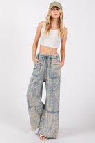 SAGE + FIG Slate Blue Mineral Washed Terry Wide Leg Pants Trendsi