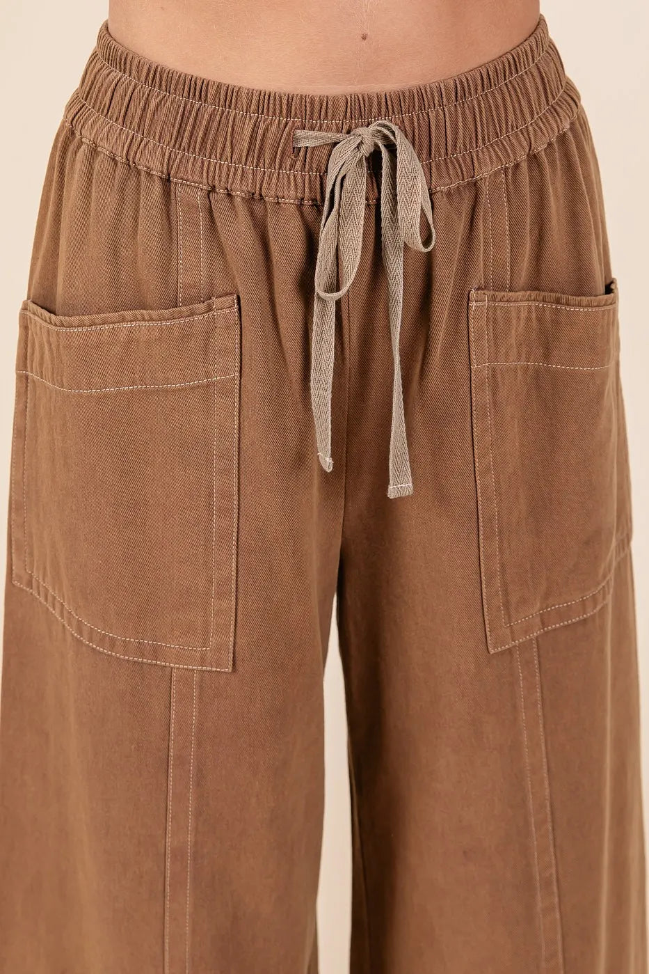 Mittoshop Cocoa Mineral Wash Wide Leg Elastic Waist Twill Pants