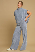 Umgee Light Blue Ribbed Elastic Waist Wide Leg Pants