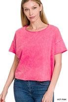 Zenana Acid Wash Raw Edge Short Sleeve Crop Top HOT PINK L XL ZENANA