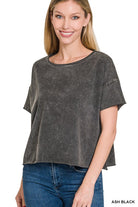 Zenana Acid Wash Raw Edge Short Sleeve Crop Top ASH BLACK ZENANA