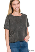 Zenana Acid Wash Raw Edge Short Sleeve Crop Top ZENANA