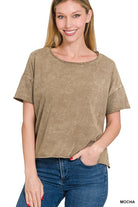 Zenana Acid Wash Raw Edge Short Sleeve Crop Top MOCHA ZENANA