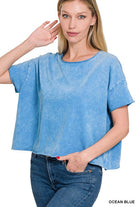 Zenana Acid Wash Raw Edge Short Sleeve Crop Top ZENANA