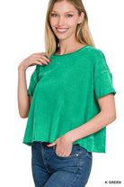 Zenana Acid Wash Raw Edge Short Sleeve Crop Top K GREEN L XL ZENANA