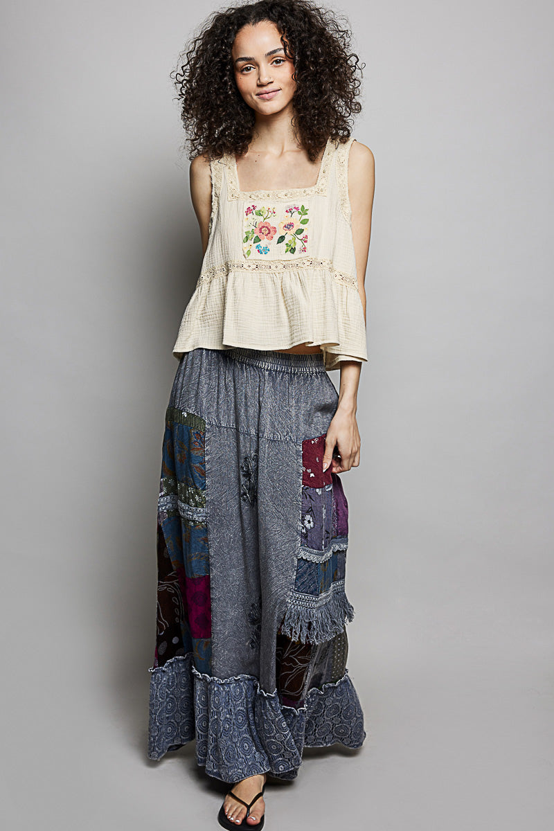 POL Charcoal Multi Printed Patchwork Embroidered Ruffled Bohemian Skirt