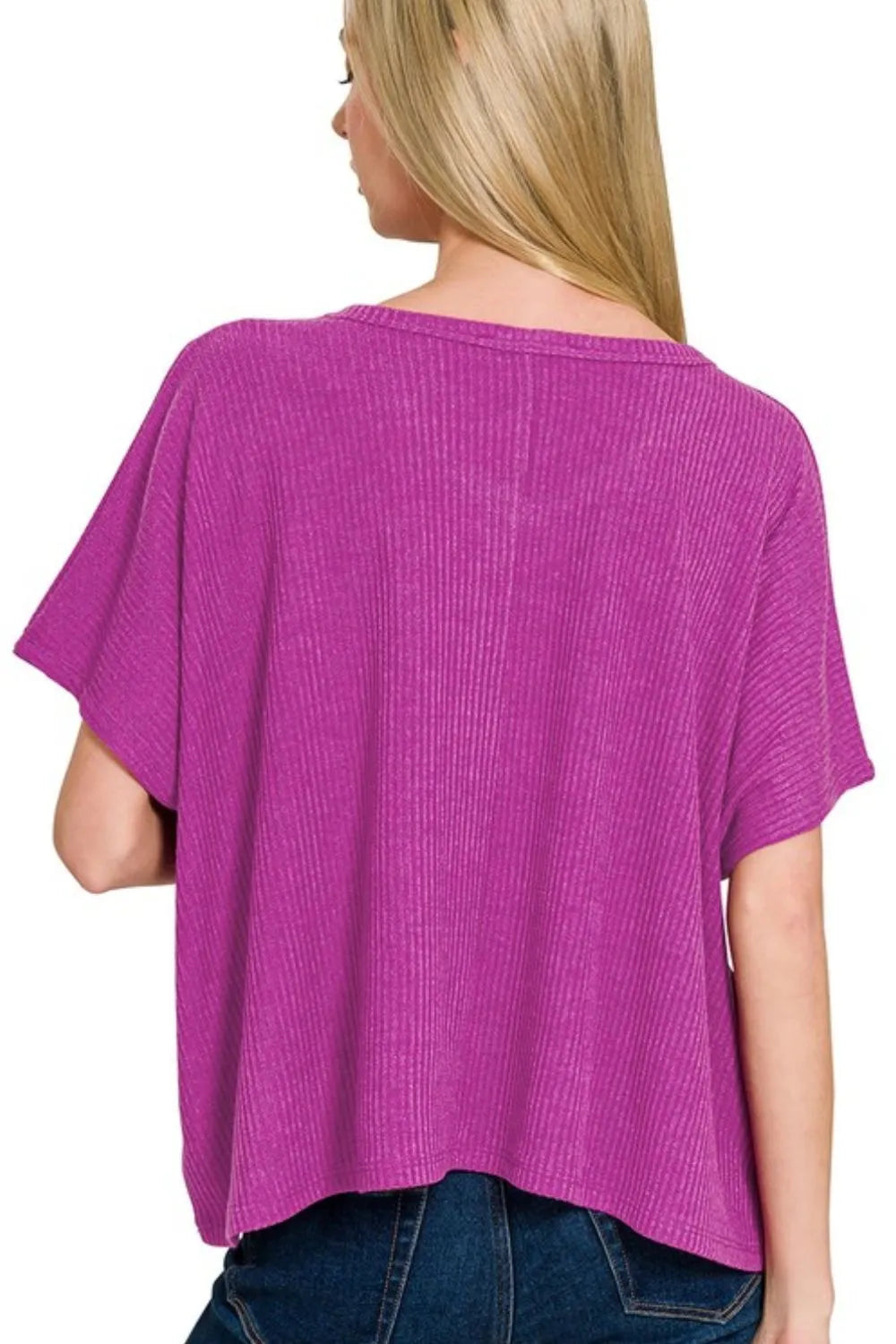 Zenana Light Plum Ribbed V-Neck Short-Sleeve Knit Top