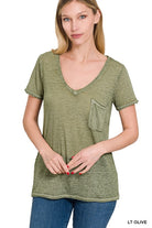 Washed Melange Burnout Scoop V-Neck Top LT OLIVE ZENANA