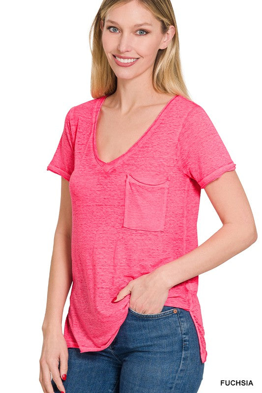 Washed Melange Burnout Scoop V-Neck Top FUCHSIA ZENANA