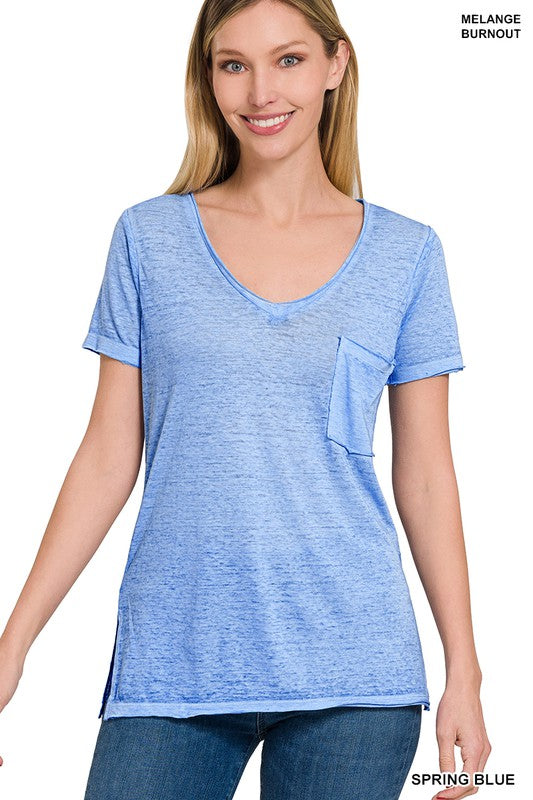 Washed Melange Burnout Scoop V-Neck Top ZENANA