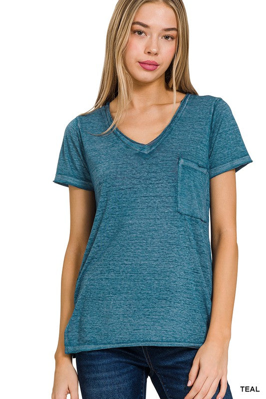 Washed Melange Burnout Scoop V-Neck Top ZENANA