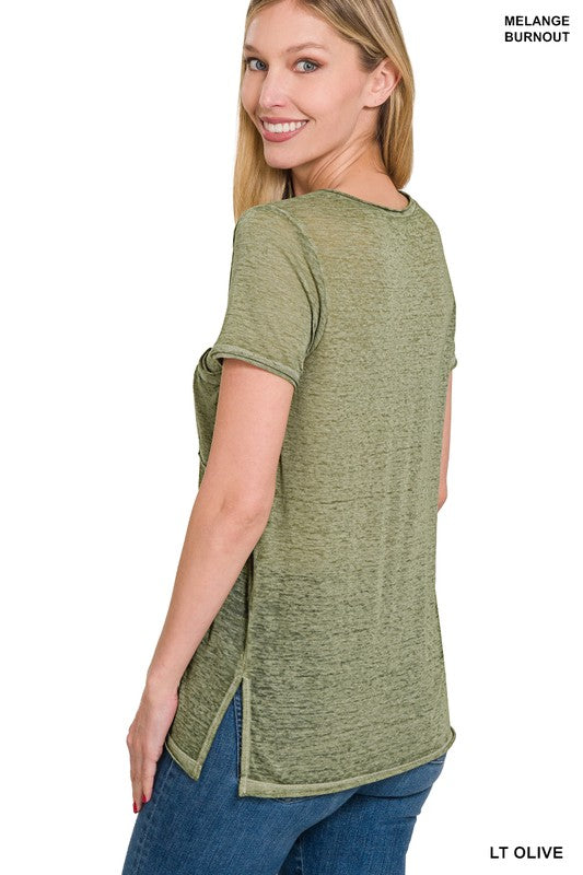 Washed Melange Burnout Scoop V-Neck Top ZENANA