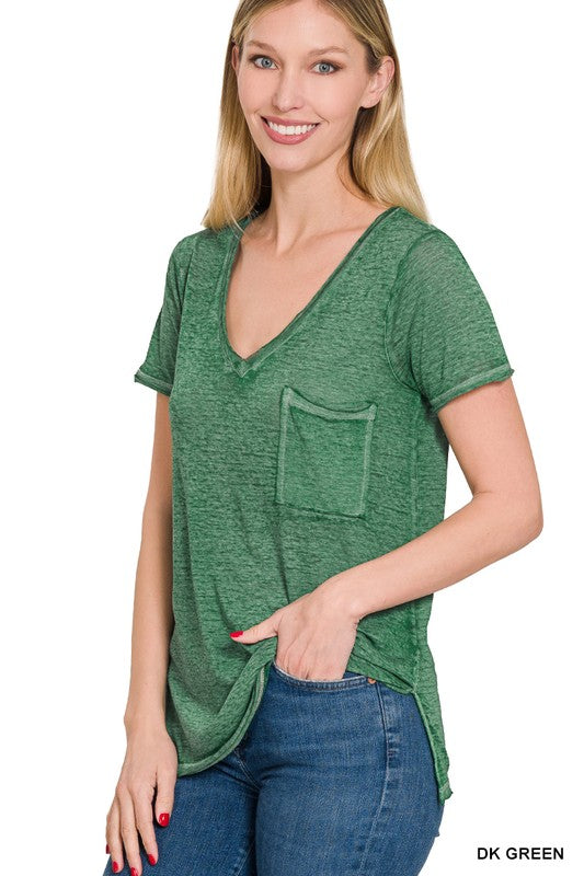 Washed Melange Burnout Scoop V-Neck Top ZENANA