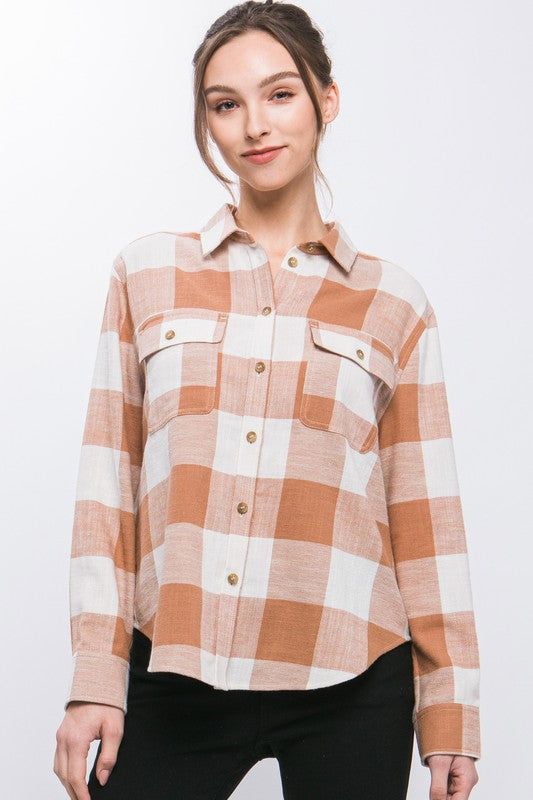 Love Tree Lightweight Plaid Button Down Top