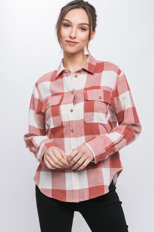 Love Tree Lightweight Plaid Button Down Top CLAY