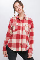 Love Tree Lightweight Plaid Button Down Top RED S